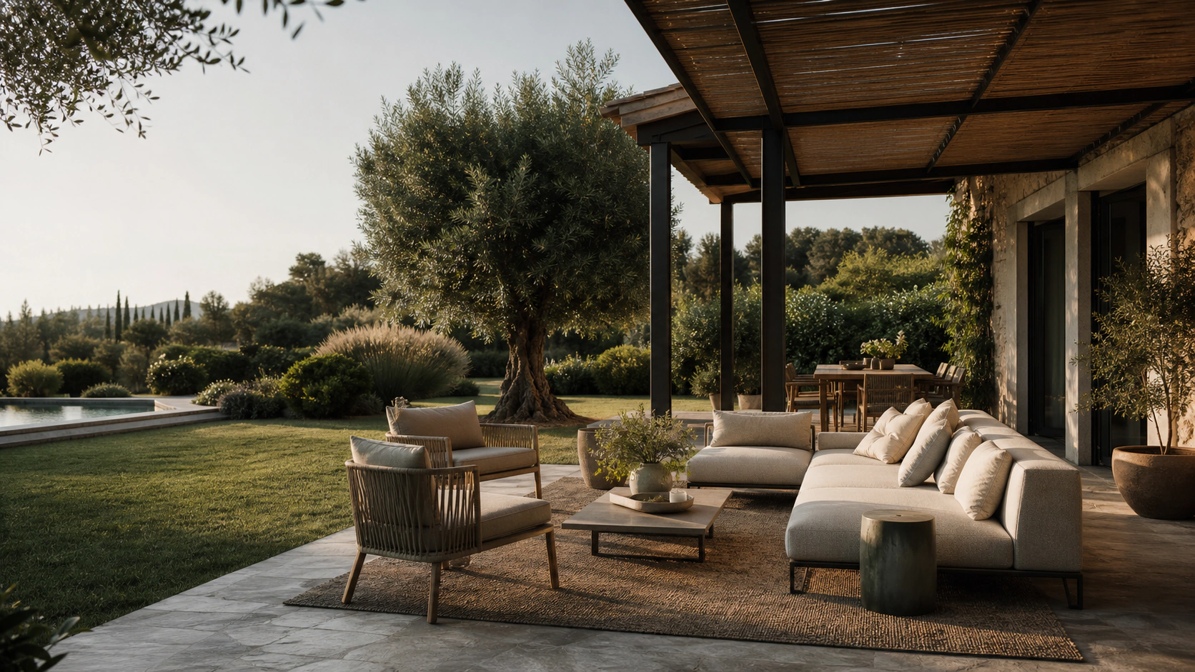 Outdoor residenziale di una villa italiana con pergola, salotto e giardino